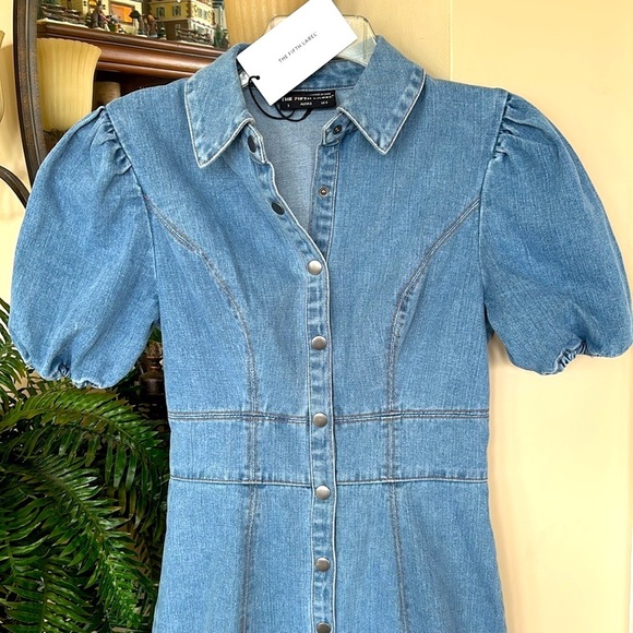 Brand New The Fifth Label Denim Jean Dress Puff Sleeve Button Front Blue Mini - Picture 5 of 16